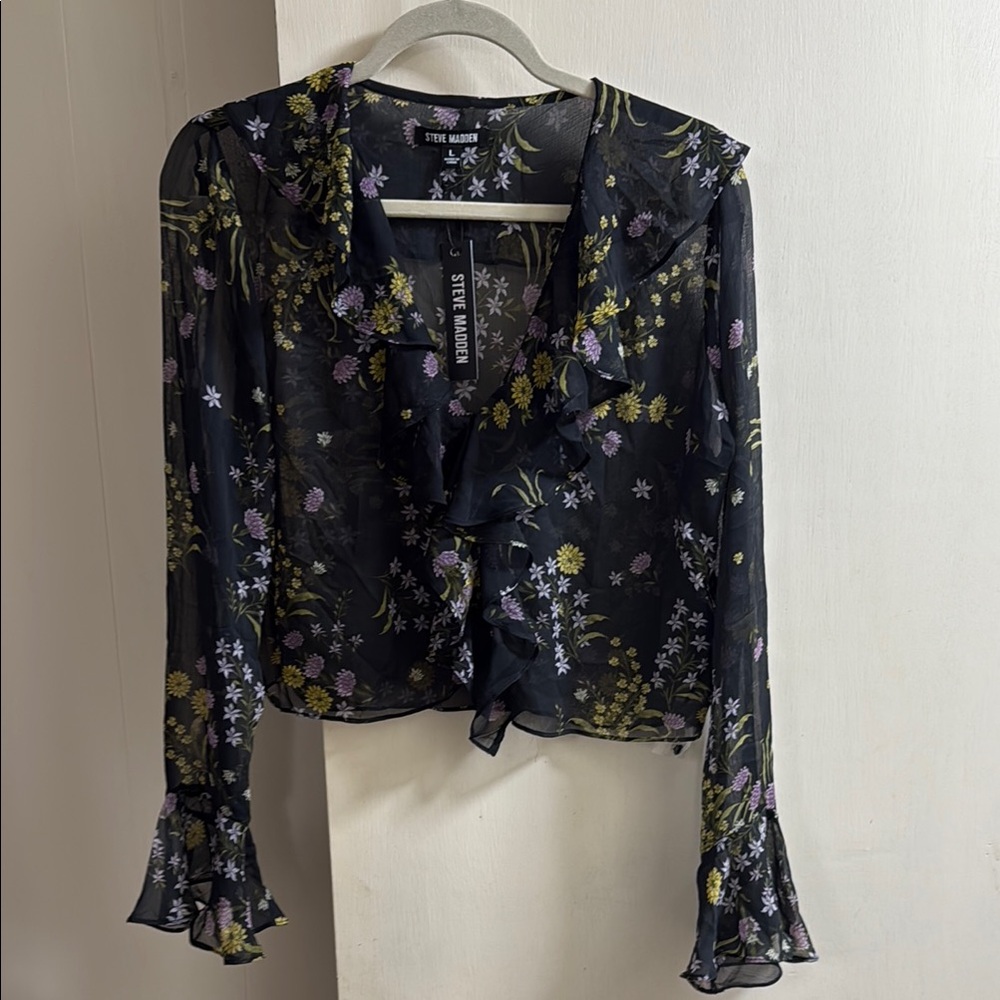 NWT Steve Madden Black Sheer Cropped Blouse